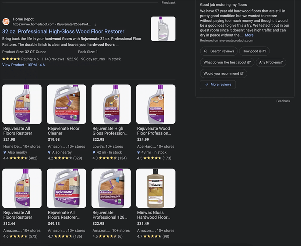 A screenshot of a Google search query for Rejuvenate floor cleaner, showing the various places it is for sale, including Home Depot, Amazon, Lowe's, and Ace Hardware.