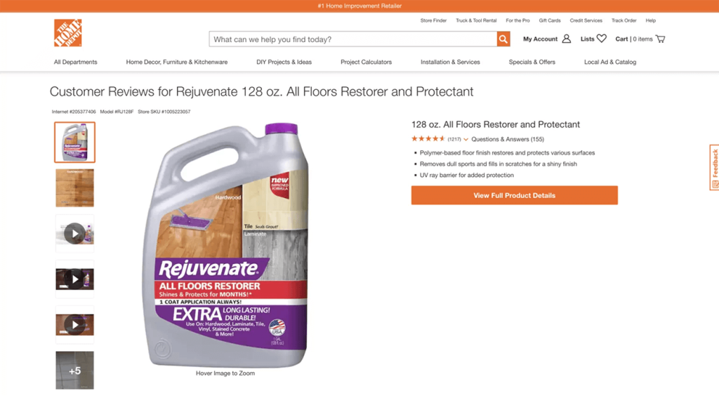 Product listing and customer reviews for Rejuvenate 128 oz. All Floors Restorer and Protectant on Home Depot's website.