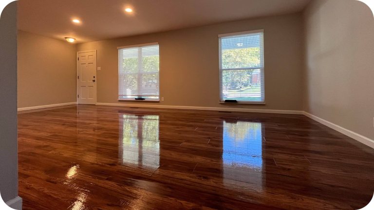 The beautiful, glossy hardwood floor within a residential home completed wax-free for a happy customer by ReCoat Revolution.