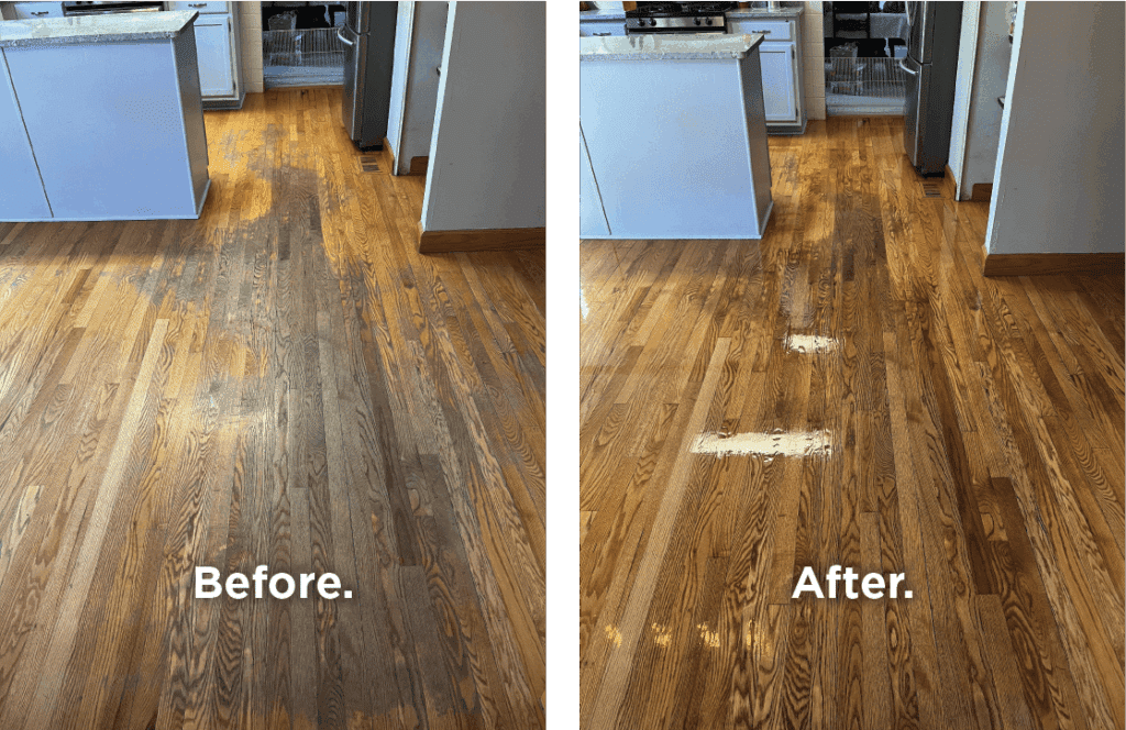 A side-by-side comparison of a heavily stained hardwood floor before and after refinishing work by ReCoat Revolution.