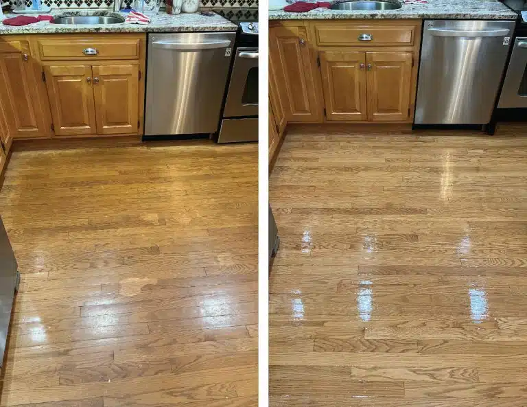 A side-by-side comparison of the same hardwood floor in a residential kitchen, showing the before and after of refinishing by ReCoat Revolution.
