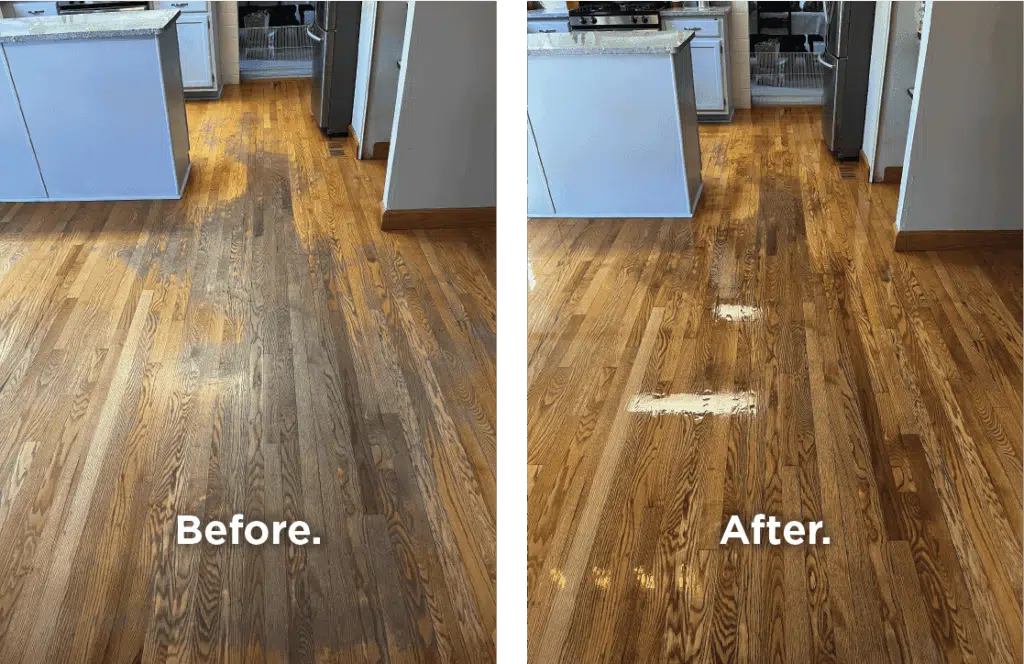 A side-by-side comparison of a heavily stained hardwood floor before and after refinishing work by ReCoat Revolution.