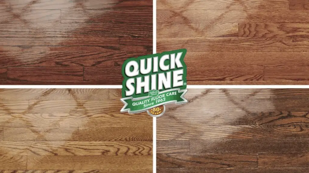 Four squares showcasing different hardwood floor colors after using the Quick Shine floor cleaning product.