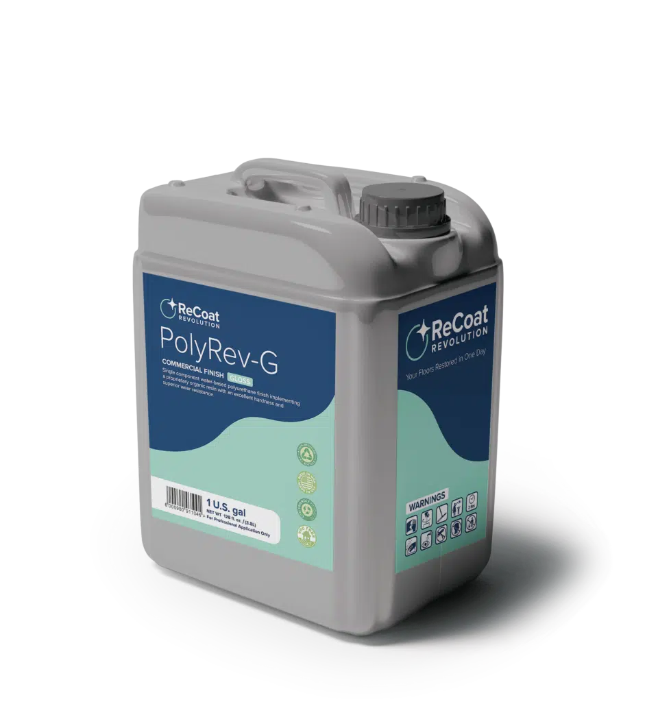 A gray, 1-gallon container of ReCoat Revolution's PolyRev-G gloss commercial finish. Side label states"Single component water-based polyurethane finish implementing a proprietary organic resin with an excellent hardness and superior wear resistance," and includes the ReCoat Revolution logo.