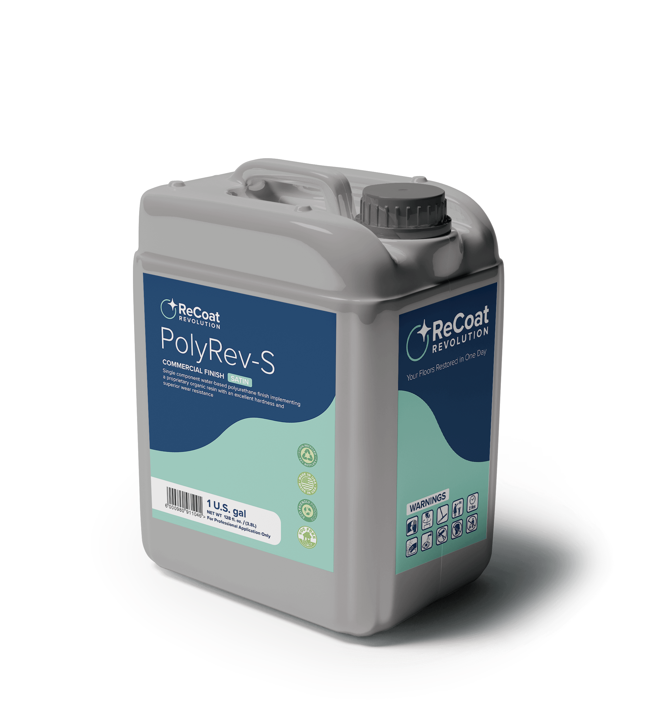 A gray, 1-gallon container of ReCoat Revolution's PolyRev-S satin commercial finish. Side label states "Single component water-based polyurethane finish implementing a proprietary organic resin with an excellent hardness and superior wear resistance," and includes the ReCoat Revolution logo.