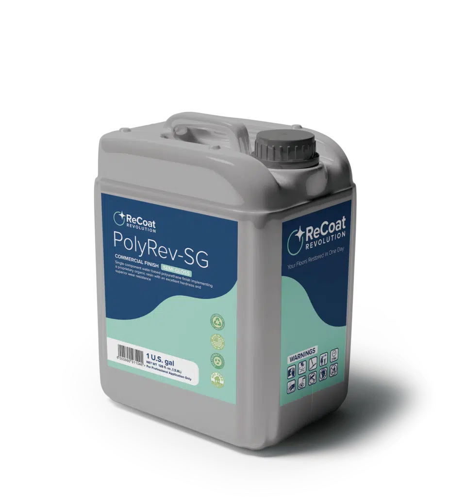 A gray, 1-gallon container of ReCoat Revolution's PolyRev-SG semi-gloss commercial finish. Side label states "Single component water-based polyurethane finish implementing a proprietary organic resin with an excellent hardness and superior wear resistance," and includes the ReCoat Revolution logo.