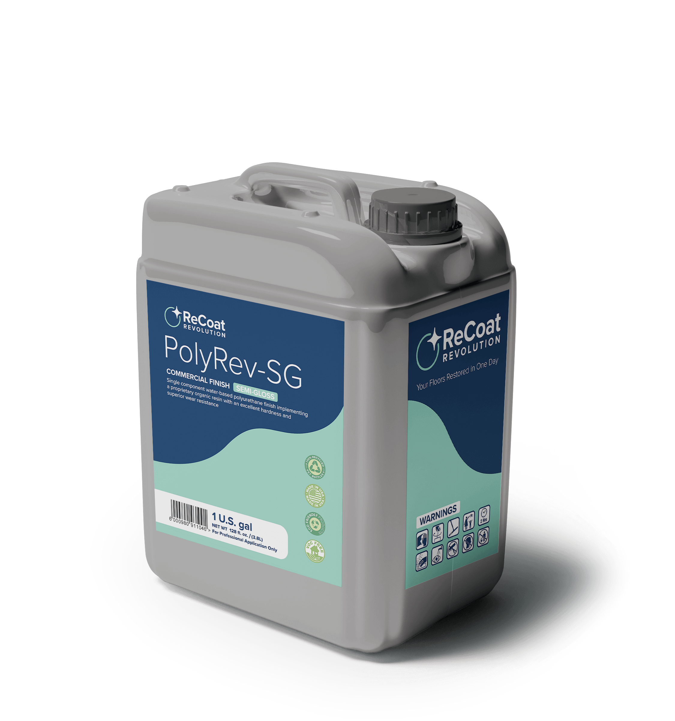 A gray, 1-gallon container of ReCoat Revolution's PolyRev-SG semi-gloss commercial finish. Side label states "Single component water-based polyurethane finish implementing a proprietary organic resin with an excellent hardness and superior wear resistance," and includes the ReCoat Revolution logo.
